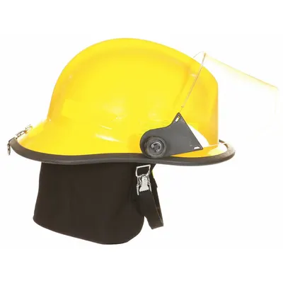 FIRE-DEX Fire Helmet: Yellow, Fiberglass, Modern Rear Brim, Chin Strap