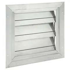 This wall-mount backdraft damper prevents reverse airflow when the fan is off. It features a single-panel flat blade design with aluminum construction, configured for vertical airflow and vertical mounting. Suitable for use in exhaust or intake ventilation systems, with a maximum air velocity of 2250 fpm.