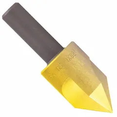 This KEO countersink features a 90° included angle and a single-flute design for fast, chatter-free cutting. The body diameter is 3/4 in, and the tool is made of TiN-coated high-speed steel for wear resistance. It is used to create conical recesses for flathead screws or to deburr holes in metal, plastic, or wood.