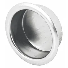 This round recessed tray pull is made of steel with a satin nickel finish. It features a snap-in mounting design for quick installation. Suitable for use on cabinets, drawers, or panels where a low-profile handle is required. Sold as a 4-pack.