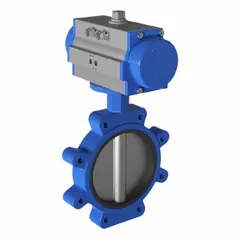 This ductile iron pneumatic butterfly valve is designed for general service in HVAC, wastewater, and water media. It features a lug-style body and air-to-air actuation, suitable for on/off or modulating control. The valve does not include a pilot solenoid.