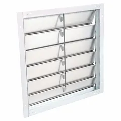 This wall-mount backdraft damper is designed for vertical mounting in exhaust systems to prevent reverse airflow. It features a single-panel, flat blade construction with horizontal airflow direction. Suitable for ventilation and HVAC applications where a maximum air velocity of 2000 fpm is required.