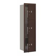 Horizontal multi-unit mailbox with 3 lockable doors, measuring 57 1/8 in H x 17 in W x 16 1/2 in D. Designed for recessed mounting, it provides secure mail collection for multiple tenants in commercial or residential buildings.