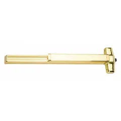 This rim-type exit device features a touchbar style and is constructed of brass. It is designed for doors up to 3 ft wide and is ADA compliant for accessible egress in commercial applications.