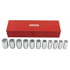 This 11-piece socket set features 6-point deep sockets with a 3/4 in drive, covering SAE sizes from 7/8 in to 1-5/8 in. The set is tether ready for drop prevention in elevated work. Suitable for heavy-duty fastening and loosening tasks in industrial maintenance and repair.