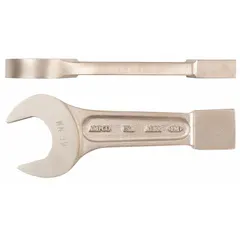 This nonsparking striking open end wrench is made from natural aluminum bronze. It has a 46 mm head size and a 10 in overall length. Suitable for high-torque applications in environments where sparking tools are prohibited.