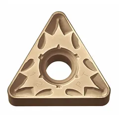This TNMG-type carbide insert features a triangular shape for general turning, facing, and profiling operations. It is designed for use in metal cutting applications where a rigid cutting edge is required.