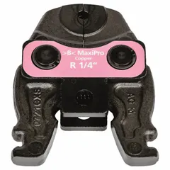 This press jaw is designed for use with MaxiPro compact press tools to form leak-free connections on 1/4 in copper and steel pipe. It is suitable for applications in plumbing, HVAC, and refrigeration systems where reliable pipe joining is required.