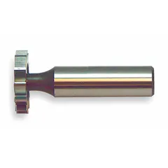This carbide-tipped keyseat milling cutter features a staggered tooth design for efficient chip evacuation and reduced vibration. With a 1" diameter and 3/16" thickness, it conforms to ANSI #608 standard. Used for milling keyways and slots in shafts and hubs in industrial machining applications.