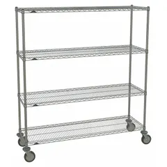Mobile wire shelving unit for dry use with four shelves, silver finish, and chrome-plated steel round posts. Includes (4) swivel casters with polyurethane wheels and donut bumpers. Suitable for light-to-medium-duty storage in commercial kitchens, warehouses, and industrial facilities.