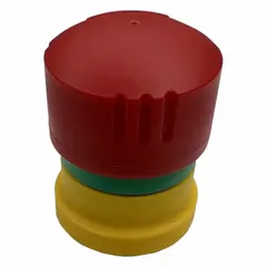 Red palm-button actuator for manual air control valves. Provides a large pressing surface for operator control in pneumatic systems. Replacement part for AP/ST valve series.
