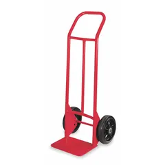 This hand truck features a red steel frame with a flow-back handle for controlled maneuvering. Tread-on-core wheels provide traction on various surfaces. Suitable for moving heavy loads in warehouses, factories, and distribution centers.