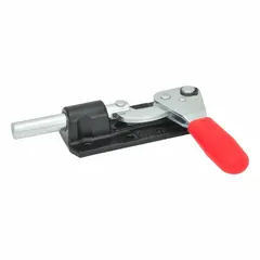 This standard straight-line toggle clamp features a through-hole base for secure mounting on machine tables or workbenches. It has a clockwise handle, M6 thread, and 79 mm arm length, suitable for quick workpiece holding in jigs and fixtures.