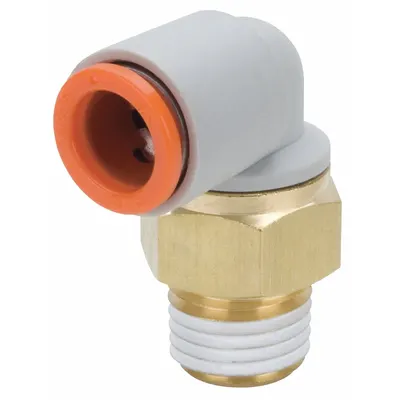 SMC Push-Fit Elbow Fitting: 1/2 in OD x 3/8 in Pipe Size, Push-to-Connect x MNPT - Polybutylene & Brass Tube Fittings