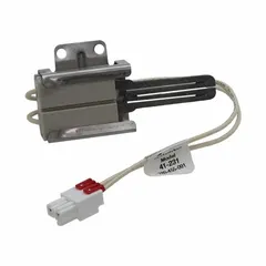 This universal hot surface ignitor is a silicon carbide component with a flat tip, designed for hardwired 120V AC operation. It features 10-inch leads and is suitable for use in gas-fired heating systems such as furnaces and boilers as a replacement ignitor.