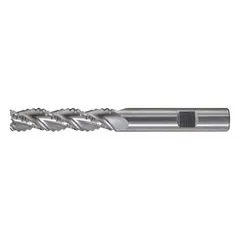 Square carbide roughing end mill designed for high-speed material removal in nonferrous materials. Features a coarse-pitch, 3-flute geometry with 3/4" mill diameter, 2-1/4" length of cut, and 5" overall length. Suitable for roughing operations on aluminum, brass, and similar materials.