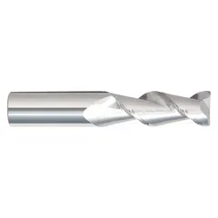 Carbide corner-radius end mill with 2 flutes, 5/16" mill diameter, 2" length of cut, 0.015" corner radius, and 4" overall length. Designed for milling aluminum and non-ferrous materials, the corner radius strengthens the cutting edge to reduce chipping and improve tool life. Suitable for finishing contours, slots, and profiles.