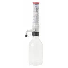 Bottle top dispenser with a volume range of 2.5 mL to 25 mL and 45 mm thread size. Provides mid-volume accuracy of +/-1.1%. Suitable for precise liquid dispensing in laboratory applications such as reagent dosing and sample preparation.