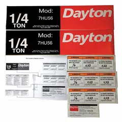 Replacement label kit for DAYTON jib crane model 7HU56. Includes safety and identification labels for compliance in material handling applications.