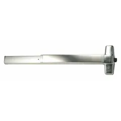 This VON DUPRIN rim exit device features a stainless steel construction and a touchbar style for push-pad release. It is designed for doors up to 3 ft wide and includes a night latch outside trim for key-locked exterior access. The device is ADA compliant and suitable for commercial egress applications.