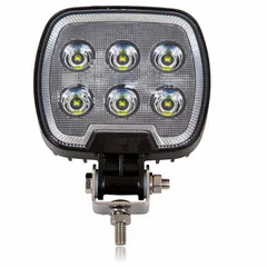 Universal LED floodlight with black housing, bolt mount, and blunt cut wires for permanent installation. Provides wide-area illumination for work trucks, trailers, and off-road equipment in construction, agriculture, and maintenance settings.