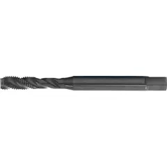 Spiral-flute tap for threading blind holes in steel and stainless steel. Features a 7/8"-14 UNF thread, 2B class fit, semi-bottoming chamfer, and 4 flutes. Black oxide cobalt finish provides heat resistance. The spiral flute design pushes chips upward and out of the hole, preventing clogging.