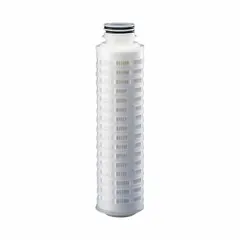 Pleated water filter cartridge with polypropylene media, rated at 0.2 micron for fine particle removal. Designed for 70 gpm flow rate and 10-inch overall height. Suitable for industrial water filtration applications including process cooling, pre-treatment, and general plant water loops.