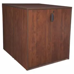 This counter-height desk combines a melamine desktop with a lateral file cabinet, featuring three drawers and a modesty panel. The cherry finish on both frame and desktop provides a cohesive look. Suitable for office or workspace settings requiring a compact workstation with integrated filing storage.