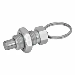 This nonlocking pull-ring retractable spring plunger features a steel body and stainless steel plunger. It has an M12x1.5 thread and includes a jam nut for secure mounting. The pull ring allows tool-free retraction, making it suitable for positioning, locking, and indexing in jigs, fixtures, and machinery.