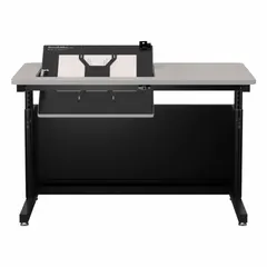 Manual adjustable-height desk with a 48-inch width, 30-inch depth, and maximum desktop height of 36 inches. Features a black steel frame and a gray wood desktop. Suitable for sit-stand workstations in office or home office environments.