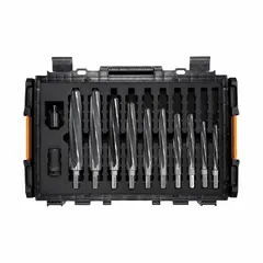 This 10-piece bridge reamer set includes diameters from 11/16 in to 3/4 in, each with a VersaDrive MAX hex shank for secure power tool grip. Used for enlarging and aligning holes in metal, wood, and plastic in maintenance, fabrication, and construction applications.