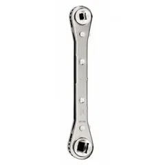 This 4-in-1 ratcheting box end wrench features a reversing mechanism and four SAE head sizes (1/4 in, 3/8 in, 3/16 in, 5/16 in) for use on square fasteners. The chrome finish resists corrosion, and the standard-length design is suited for general maintenance and repair tasks in confined spaces.