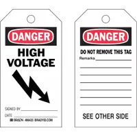 White cotton string tags with black and red printing, including fields for signature, date, and remarks. Used in lockout/tagout procedures to warn of hazardous energy sources. Pack of 100 tags