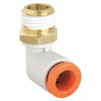 SMC Push-Fit Elbow Fitting: 3/16 in OD x 1/4 in Pipe Size, Push-to-Connect x MNPT, Brass, White (MPN KQ2L05-35AS)