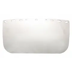 This clear, uncoated replacement visor is made of polyester for general-purpose face protection. It measures 15 inches wide, 8 inches high, and 0.04 inches thick. Suitable for use with compatible headgear in industrial environments such as machining, material handling, and maintenance tasks.