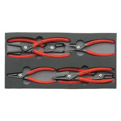 This set includes pliers for installing and removing both internal and external retaining rings. Suitable for shaft diameters from 3/4 in to 2 23/64 in. Non-insulated grip. Used in maintenance, repair, and assembly tasks.