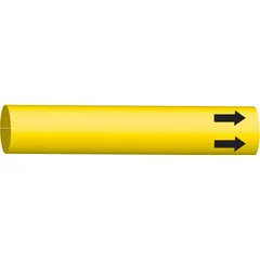 Yellow blank strap-on pipe marker for pipes with outer diameter 6 to 7-7/8 inches. Includes arrows for indicating flow direction. Suitable for custom labeling of pipe contents in industrial piping systems.