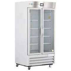 This upright lab refrigerator provides 36 cu ft of storage capacity with a temperature range of 1°C to 10°C. It features a white swing glass door that opens to the right, uses R-290 refrigerant, and includes a temperature alarm. Suitable for general purpose storage of temperature-sensitive materials in laboratory environments.