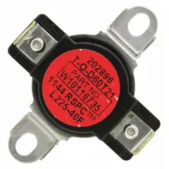 High limit thermostat for Whirlpool washing machines and dryers. Monitors temperature and disconnects the heating element if overheating occurs, providing over-temperature protection. Used in appliance heating circuits to prevent damage and ensure safe operation.