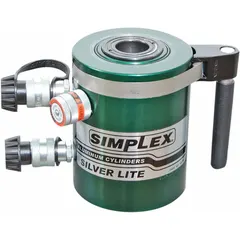 The SIMPLEX RACD302 is a 30-ton lightweight hollow ram with a 2-inch nominal stroke and 7-inch retracted height. Designed for applications requiring a rod or cable to pass through the cylinder, it is used for pulling, pushing, or tensioning tasks in construction, bridge repair, and heavy equipment maintenance.
