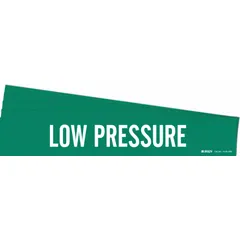 Green adhesive pipe marker with white 'Low Pressure' legend, designed for pipes with outer diameter of 8 inches and larger. Each pack contains 5 markers without arrows, suitable for identifying low-pressure piping systems in industrial environments.