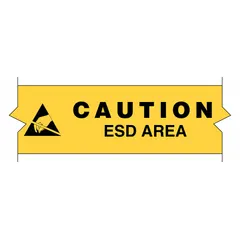 Polyester floor marking tape with black/yellow hazard warning design and black 'CAUTION ESD AREA' legend. 2 in width, 100 ft length, 8 mil thickness. Used to designate electrostatic discharge sensitive areas in industrial and manufacturing environments.
