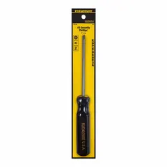 This security Phillips screwdriver features a #3 tip size and a 5-inch shank length, with an overall length of 9 inches. Constructed from steel, it is used for fastening applications requiring a security Phillips drive, such as tamper-resistant screws in equipment and panels.