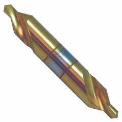 Double-end center drill with bell-tip design for creating 60° center holes in workpieces. Used in lathe operations to support shafts between centers, ensuring alignment and reducing runout during turning or grinding. Made of TiN coated high speed steel for wear resistance. Overall length 3 1/2 in, size #18.