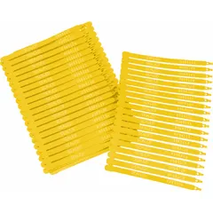 Strap Seals: Yellow, Plastic, 7 1/2 in Strap Lg, 1/4 in Strap Wd, 45 lb Breaking Strength, 100 PK (MPN 95196). Key specifications — Strap Material: Plastic; Marking Type: Laser Marked; Marking Included: Numbers; Marking Message: Sealed; Marking Numbering: Sequential; Marking Color: White.
