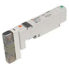 The SMC VQ1201-51 is a five-way/two-position directional control valve from the VQ1000 series. It features double-solenoid piloting and solenoid return, operating on 24V DC with a 3/8 in port size. This valve is used to direct compressed air in automated pneumatic systems for actuating cylinders and other devices.