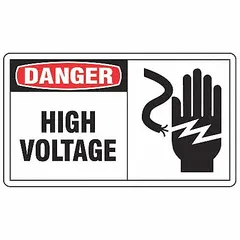 Adhesive vinyl danger: high voltage safety labels for warning of electrical hazards. Each label measures 3 1/2 in x 5 in nominal size, 0.02 in thick. Pack of 5. Not retroreflective, does not glow in the dark. Suitable for direct application to equipment, panels, or enclosures in industrial environments.