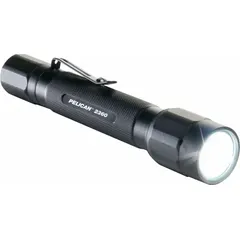This PELICAN flashlight delivers 375 lumens with a 192-meter maximum beam distance and a 2.5-hour run time at maximum brightness. It features a tail switch and two light outputs. Powered by 2 AA batteries (included), it is suited for industrial inspection, maintenance, and emergency response tasks.