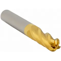 This solid carbide ball end mill features a TiN coating for increased wear resistance and a 4-flute design for efficient chip evacuation. With a 3/8" mill diameter, 1-1/8" length of cut, and 3" overall length, it is suited for general purpose milling of contoured surfaces, slots, and 3D profiles in metals and composites.