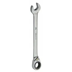 This SAE 12-point ratcheting combination wrench features a 5/16 in head size and 5 1/2 in overall length. Constructed from alloy steel with a chrome finish, it has an offset design for improved access to fasteners in confined spaces. Suitable for tightening and loosening fasteners in maintenance and repair tasks.
